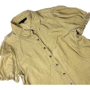 Jane & Delancey Womens Blouse Large Puff Sleeve Brn Mustard‎ Full Button Relaxed